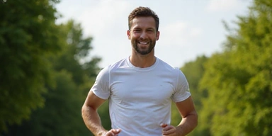 Bărbat activ, plin de energie, alergând sau făcând sport în natură.