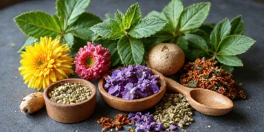 Diverse plante medicinale și extracte naturale, aranjate estetic.