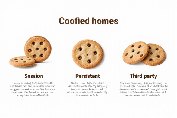 O reprezentare vizuală a diferitelor tipuri de cookie-uri, cu etichete pentru sesiune, persistente și terți