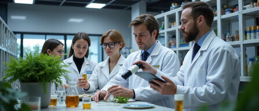 Echipă de cercetători într-un laborator modern, examinând plante și extracte