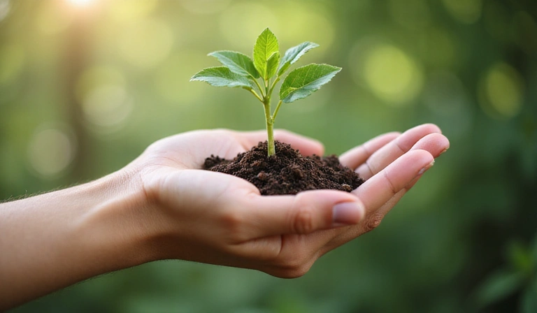 Mână care ține o plantă tânără, simbolizând grija și calitatea