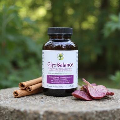 Flacon GlycoBalance pe o masă de piatră, cu elemente subtile de scorțișoară și frunze de dud.