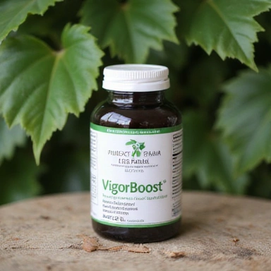 Flacon VigorBoost pe o suprafață de lemn, cu frunze verzi în fundal.