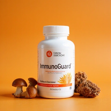 Flacon ImmunoGuard pe un fundal luminos, cu elemente de ciuperci Reishi și Astragalus.